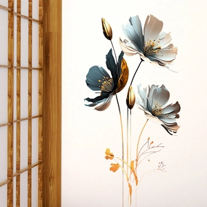 3D embossed floral wall stickers in blue and gold for modern bedroom home decoration