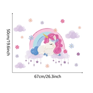 Detail view of unicorn and rainbow wall sticker with dimensions 50cm by 67cm