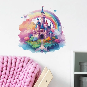 Cartoon rainbow castle wall sticker for nursery decor featuring 3D dreamlike clouds