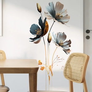 Modern 3D embossed blue and gold flower wall stickers for minimalist dining room decor