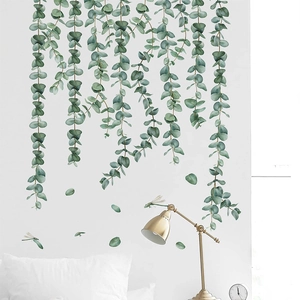 Eucalyptus leaves wall sticker with hanging greenery vine and dragonfly for home decor