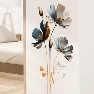 3D floral wall decals with abstract blue and gold flowers for modern home decor