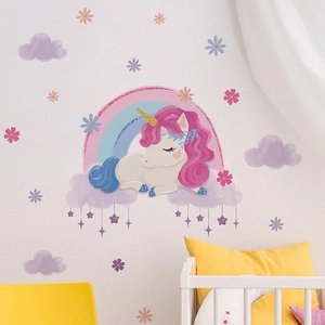 Cartoon Unicorn Rainbow Cloud Wall Sticker PVC Self-Adhesive Decal For Kids Room Nursery Bedroom Home Decoration