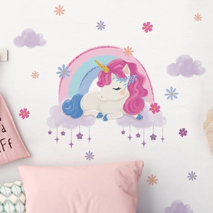 Cartoon unicorn wall stickers with rainbow and purple clouds for girls' nursery room