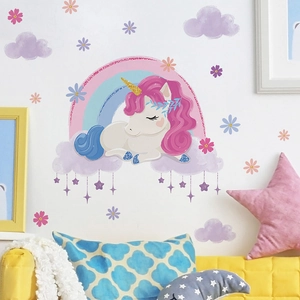 Cartoon unicorn rainbow wall stickers for kids room decor with pink unicorn and clouds