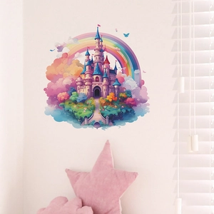 Dreamy rainbow castle wall sticker for kids bedroom featuring colorful clouds and towers