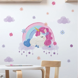 Cartoon unicorn wall stickers with rainbow and clouds for children's room decoration