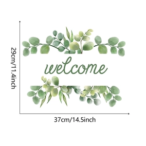 Detail of watercolor green leaves wall decal with welcome text and 37x29cm dimensions