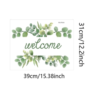 Detailed dimensions of green leaf wall sticker with central welcome text on white background