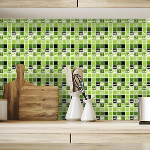 Self-adhesive green and black mosaic tile stickers for kitchen and bathroom decor