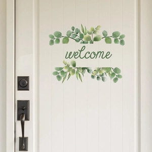 Welcome door sticker with watercolor green eucalyptus leaves for home wall decor