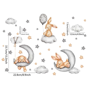 Tableau détaillé des tailles de stickers muraux lapin et lune style aquarelle