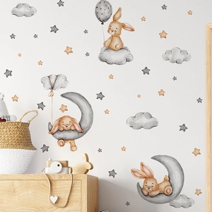 Sticker Mural Dessin Animé Lapin Lune Étoiles Aquarelle Décoration Chambre Enfant Autocollant PVC Amovible Art Maison