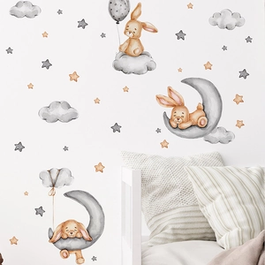 Autocollants muraux lapins et lune à l'aquarelle pour décoration de chambre d'enfant