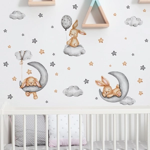 Stickers muraux lapin aquarelle sur la lune pour déco chambre d'enfant