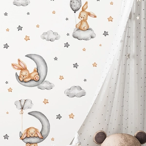 Stickers muraux lapin et lune style aquarelle pour décoration de chambre d'enfant