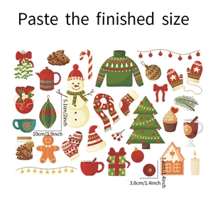 Detailed dimensions of Christmas PVC stickers featuring snowmen, trees and holiday motifs