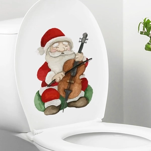 Christmas toilet lid sticker featuring Santa Claus playing cello in watercolor style