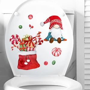 Christmas gnome and candy waterproof wall stickers on white toilet seat home decoration