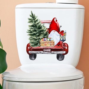 Sticker de Toilette Gnome de Noël Camionnette Rouge Sapin de Noël Décalcomanie Murale en PVC Imperméable pour Maison Salle de Bain