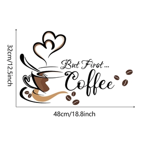 Detailed dimensions of the 'But First... Coffee' wall decal showing 48cm width size