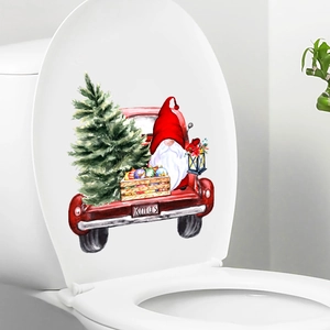 Sticker de toilette autocollant avec gnome de Noël conduisant un camion rouge et sapin