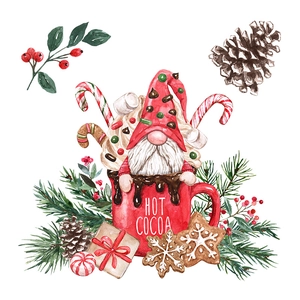 Christmas Gnome Hot Cocoa watercolor wall decals with candy canes and pine cones decor