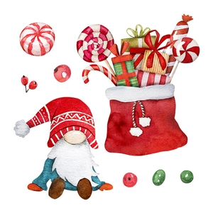 Watercolor Christmas gnome with red gift bag and candy wall stickers on white background