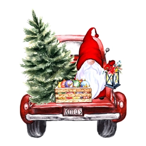 Sticker mural de Noël avec nain de jardin en camion rouge et sapin décoré