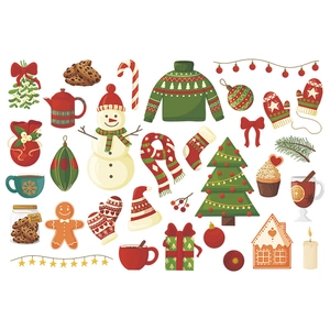 Christmas theme wall stickers set featuring snowman, Christmas tree and gingerbread man icons