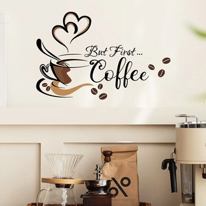 Creative coffee theme wall sticker with But First Coffee text and heart motifs for home decor