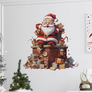 Sticker mural de Noël avec le Père Noël sur une cheminée et des cadeaux colorés au mur