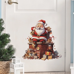 Sticker mural Père Noël cheminée mignon pour décoration de Noël et chambre maison