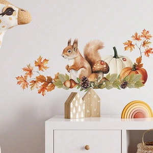 Autumn wall stickers with watercolor squirrels and pumpkins in a cozy living room setup