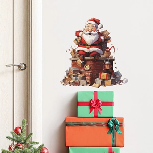 Sticker mural Père Noël sur cheminée avec cadeaux pour décoration festive de maison
