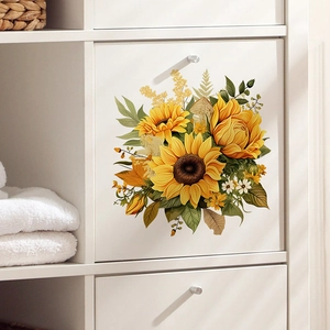 Self-adhesive sunflower and yellow rose wall stickers on a white chest of drawers