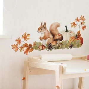 Autumn wall decals with squirrels, pumpkins and maple leaves in watercolor style