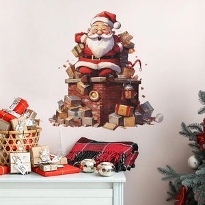 Sticker Mural Père Noël Dessin Animé Sur Cheminée Avec Cadeaux PVC Amovible Décoration Pour Chambre D'Enfant Maison