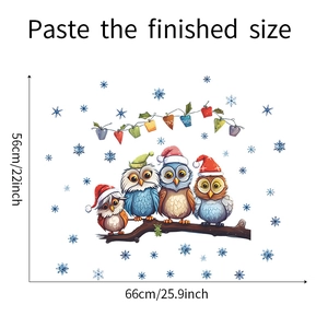Detail view of colorful owls on branch wall stickers with Christmas snow and size guide