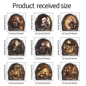 Detailed size chart showing nine 3D Christmas mouse wall stickers each 11.5cm square