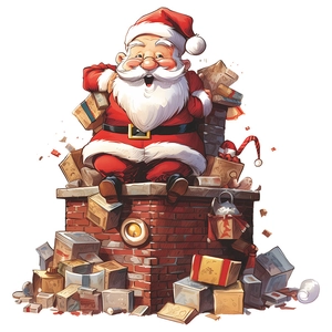 Gros plan d'un Père Noël mignon sur une cheminée avec des boîtes de cadeaux colorées
