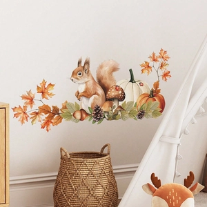 Autumn wall decals with watercolor squirrels, pumpkins and maple leaves for home decoration