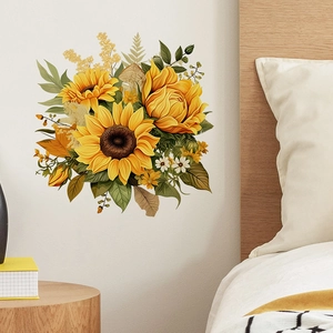 Vibrant sunflower and yellow peony self-adhesive wall decals for bedroom decoration