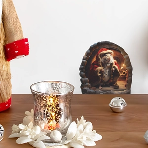 Close-up of a 3D Christmas mouse hole wall sticker on a white surface with holiday decor