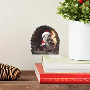 3D Christmas mouse wall sticker showing a cute mouse in a festive red hat popping out of a hole