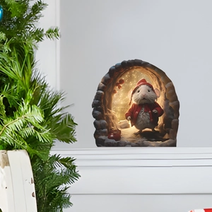 Creative 3D Christmas mouse hole wall sticker with a cute white mouse in a glowing cave