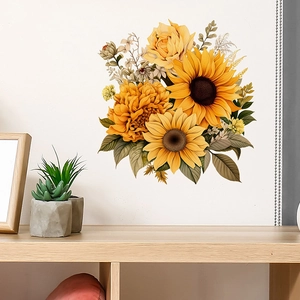 Vibrant yellow sunflower and rose wall stickers on a white wall above a wooden shelf