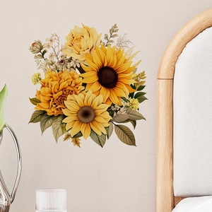 Self-adhesive warm sunflower and rose floral wall decal for cozy bedroom decor