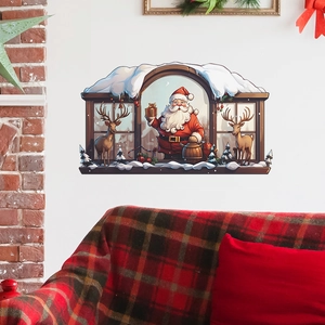 Detailed 3D Christmas wall sticker featuring Santa and reindeer through a snowy window