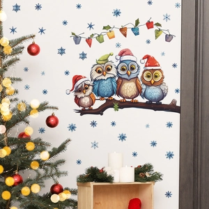 Christmas wall stickers with owl family on pine branch and blue snowflake decorations